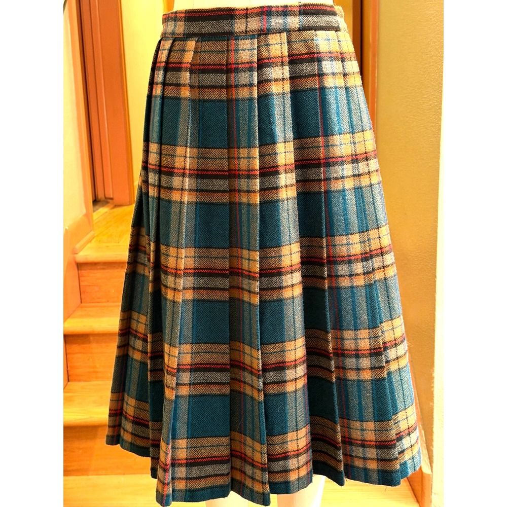 Vintage Lined Pleated Plaid Wool Skirt USA Teal/Brown/Orange/Black Waist 27